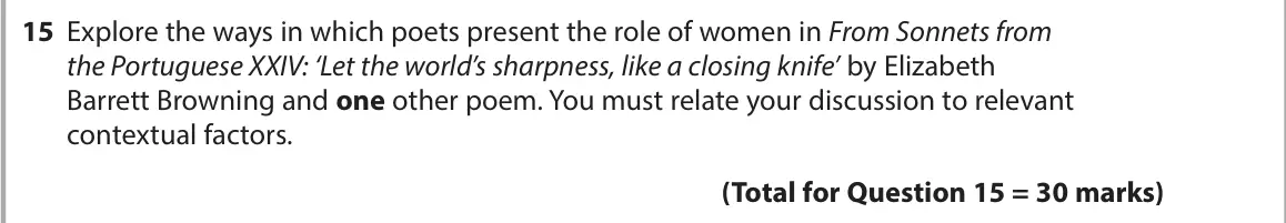 June 2023 Paper 3, question 15: Explore the ways in which poets present the role of women in From Sonnets from the Portuguese XXIV: ‘Let the world’s sharpness, like a closing knife’ by Elizabe