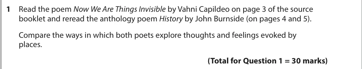 June 2023 Paper 3, question 1: Read the poem Now We Are Things Invisible by Vahni Capildeo on page 3 of the source booklet and reread the anthology poem History by John Burnside (on pages 4 a