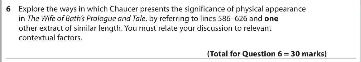 June 2024 Paper 3, question 6: Explore the ways in which Chaucer presents the significance of physical appearance in The Wife of Bath’s Prologue and Tale, by referring to lines 586–626 and on