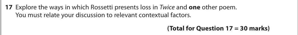 June 2024 Paper 3, question 17: Explore the ways in which Rossetti presents loss in Twice and one other poem. You must relate your discussion to relevant contextual factors.