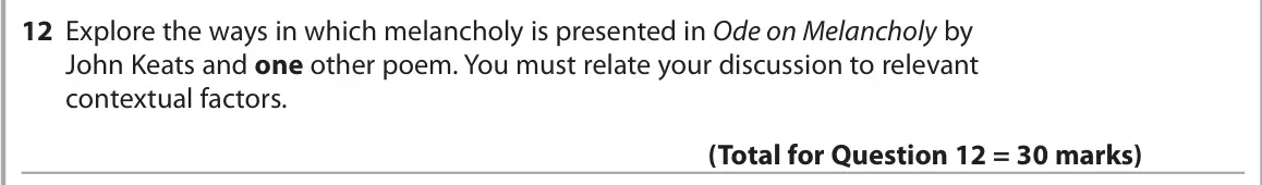 June 2024 Paper 3, question 12: Explore the ways in which melancholy is presented in Ode on Melancholy by John Keats and one other poem. You must relate your discussion to relevant contextual 