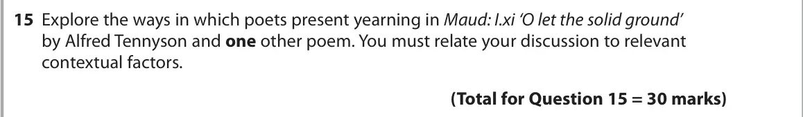 June 2024 Paper 3, question 15: Explore the ways in which poets present yearning in Maud: I.xi ‘O let the solid ground’ by Alfred Tennyson and one other poem. You must relate your discussion t