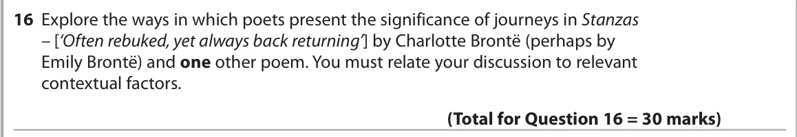 June 2024 Paper 3, question 16: Explore the ways in which poets present the significance of journeys in Stanzas – [‘Often rebuked, yet always back returning’] by Charlotte Brontë (perhaps by E
