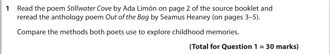 June 2024 Paper 3, question 1: Read the poem Stillwater Cove by Ada Limón on page 2 of the source booklet and reread the anthology poem Out of the Bag by Seamus Heaney (on pages 3–5). Compare