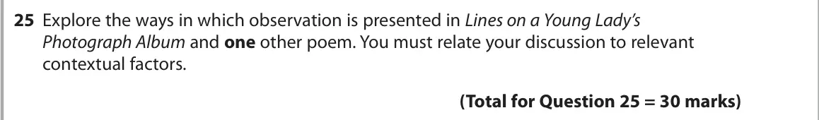 June 2025 Paper 3, question 25: Explore the ways in which observation is presented in Lines on a Young Lady’s Photograph Album and one other poem. You must relate your discussion to relevant c