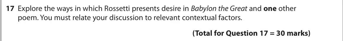 June 2025 Paper 3, question 17: Explore the ways in which Rossetti presents desire in Babylon the Great and one other poem. You must relate your discussion to relevant contextual factors.