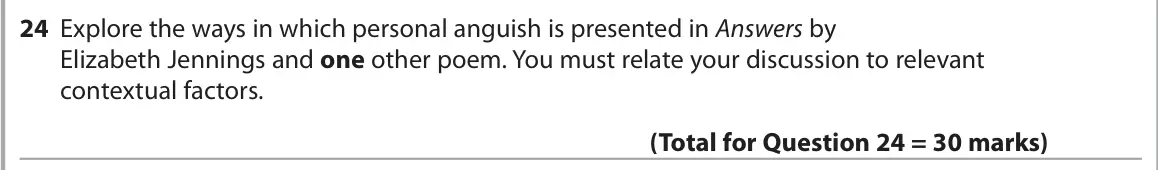 June 2025 Paper 3, question 24: Explore the ways in which personal anguish is presented in Answers by Elizabeth Jennings and one other poem. You must relate your discussion to relevant context