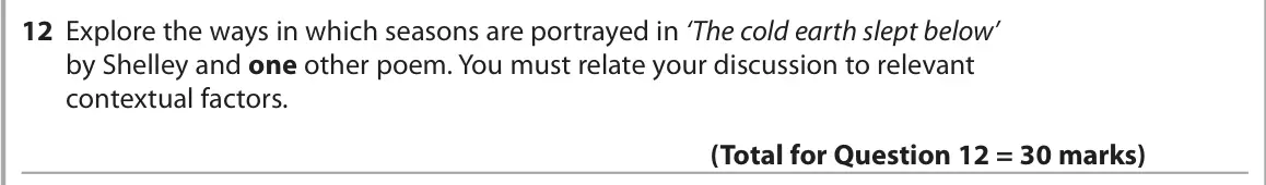 June 2025 Paper 3, question 12: Explore the ways in which seasons are portrayed in ‘The cold earth slept below’ by Shelley and one other poem. You must relate your discussion to relevant conte
