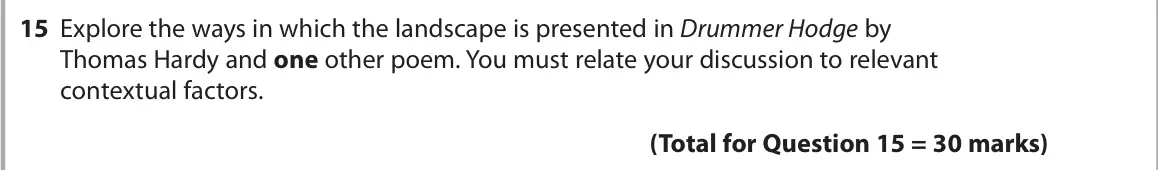 June 2025 Paper 3, question 15: Explore the ways in which the landscape is presented in Drummer Hodge by Thomas Hardy and one other poem. You must relate your discussion to relevant contextual