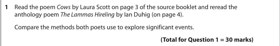 June 2025 Paper 3, question 1: Read the poem Cows by Laura Scott on page 3 of the source booklet and reread the anthology poem The Lammas Hireling by Ian Duhig (on page 4). Compare the method