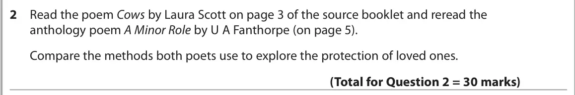 June 2025 Paper 3, question 2: Read the poem Cows by Laura Scott on page 3 of the source booklet and reread the anthology poem A Minor Role by U A Fanthorpe (on page 5). Compare the methods b