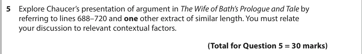 November 2021 Paper 3, question 5: Explore Chaucer’s presentation of argument in The Wife of Bath’s Prologue and Tale by referring to lines 688–720 and one other extract of similar length. You mu