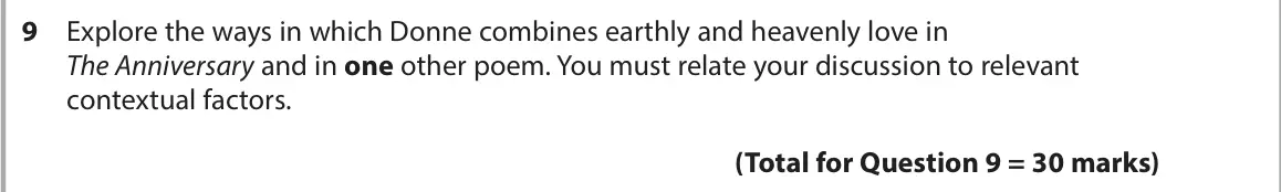 November 2021 Paper 3, question 9: Explore the ways in which Donne combines earthly and heavenly love in The Anniversary and in one other poem. You must relate your discussion to relevant context