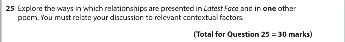 November 2021 Paper 3, question 25: Explore the ways in which relationships are presented in Latest Face and in one other poem. You must relate your discussion to relevant contextual factors.