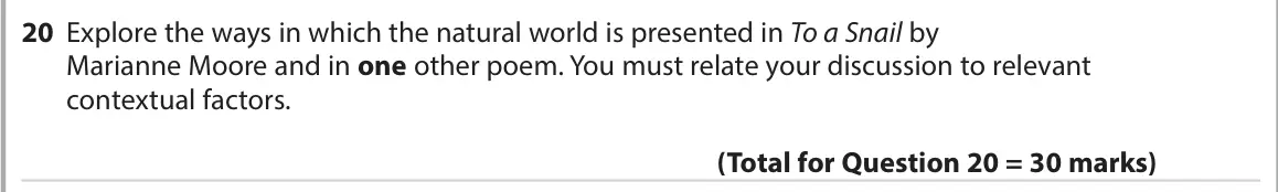November 2021 Paper 3, question 20: Explore the ways in which the natural world is presented in To a Snail by Marianne Moore and in one other poem. You must relate your discussion to relevant cont