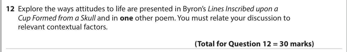 November 2021 Paper 3, question 12: Explore the ways attitudes to life are presented in Byron’s Lines Inscribed upon a Cup Formed from a Skull and in one other poem. You must relate your discussio