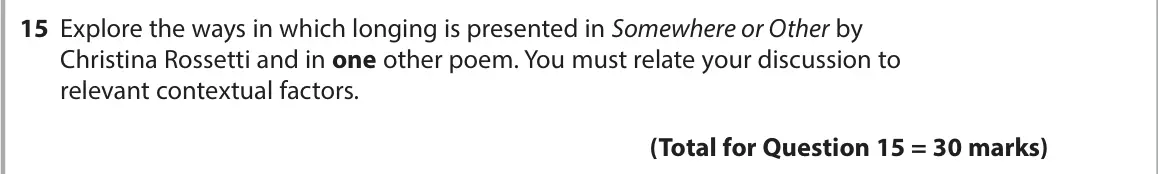 November 2021 Paper 3, question 15: Explore the ways in which longing is presented in Somewhere or Other by Christina Rossetti and in one other poem. You must relate your discussion to relevant co