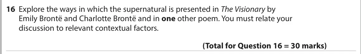 November 2021 Paper 3, question 16: Explore the ways in which the supernatural is presented in The Visionary by Emily Brontë and Charlotte Brontë and in one other poem. You must relate your discus