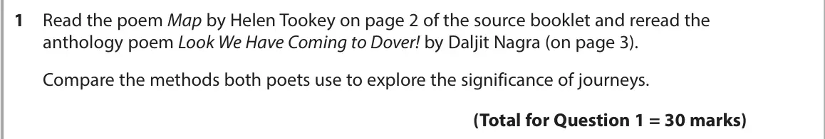 November 2021 Paper 3, question 1: Read the poem Map by Helen Tookey on page 2 of the source booklet and reread the anthology poem Look We Have Coming to Dover! by Daljit Nagra (on page 3). Compa