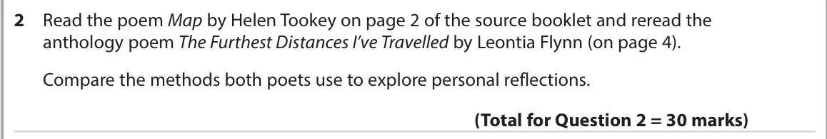 November 2021 Paper 3, question 2: Read the poem Map by Helen Tookey on page 2 of the source booklet and reread the anthology poem The Furthest Distances I’ve Travelled by Leontia Flynn (on page 