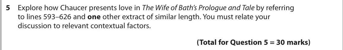 October 2020 Paper 3, question 5: Explore how Chaucer presents love in The Wife of Bath’s Prologue and Tale by referring to lines 593–626 and one other extract of similar length. You must relate
