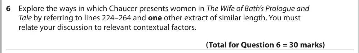October 2020 Paper 3, question 6: Explore the ways in which Chaucer presents women in The Wife of Bath’s Prologue and Tale by referring to lines 224–264 and one other extract of similar length. 