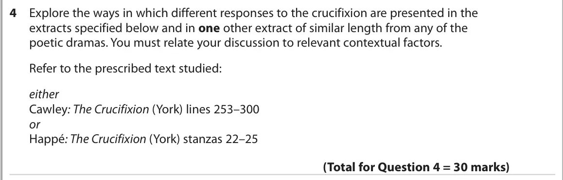 October 2020 Paper 3, question 4: Explore the ways in which different responses to the crucifixion are presented in the extracts specified below and in one other extract of similar length from a