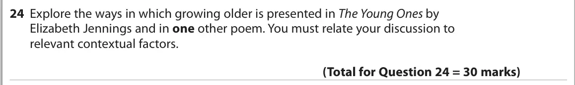 October 2020 Paper 3, question 24: Explore the ways in which growing older is presented in The Young Ones by Elizabeth Jennings and in one other poem. You must relate your discussion to relevant 