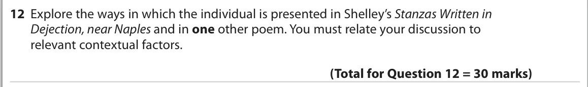 October 2020 Paper 3, question 12: Explore the ways in which the individual is presented in Shelley’s Stanzas Written in Dejection, near Naples and in one other poem. You must relate your discuss