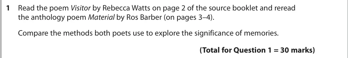 October 2020 Paper 3, question 1: Read the poem Visitor by Rebecca Watts on page 2 of the source booklet and reread the anthology poem Material by Ros Barber (on pages 3–4). Compare the methods 