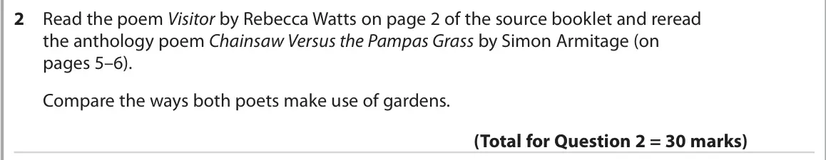 October 2020 Paper 3, question 2: Read the poem Visitor by Rebecca Watts on page 2 of the source booklet and reread the anthology poem Chainsaw Versus the Pampas Grass by Simon Armitage (on page
