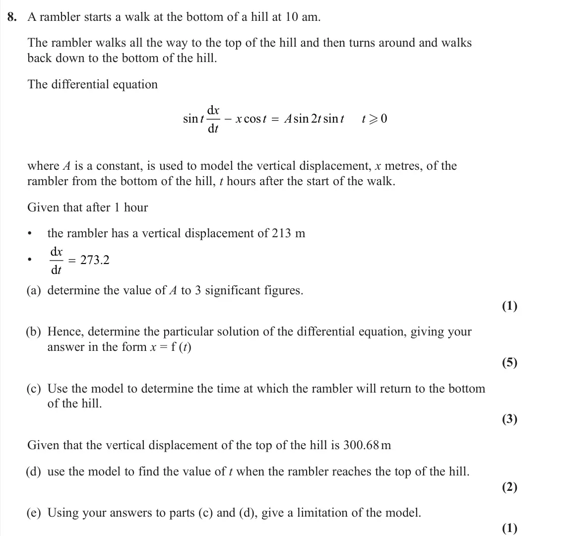 June 2025 Core Pure 1, question 8: A rambler starts a walk at the bottom of a hill at 10 am. The rambler walks all the way to the top of the hill and then turns around and walks back down to the 