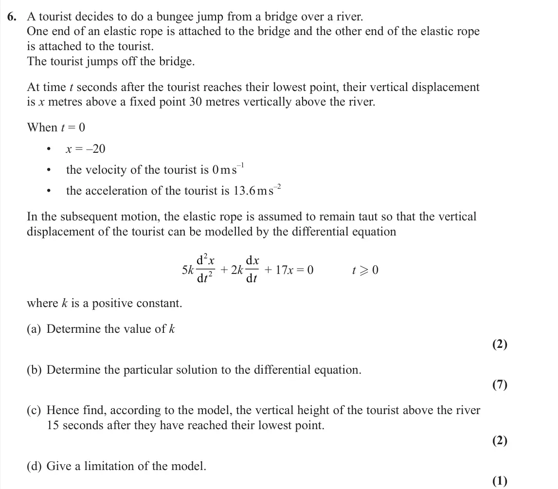 November 2021 Core Pure 1, question 6: A tourist decides to do a bungee jump from a bridge over a river. One end of an elastic rope is attached to the bridge and the other end of the elastic rope is 