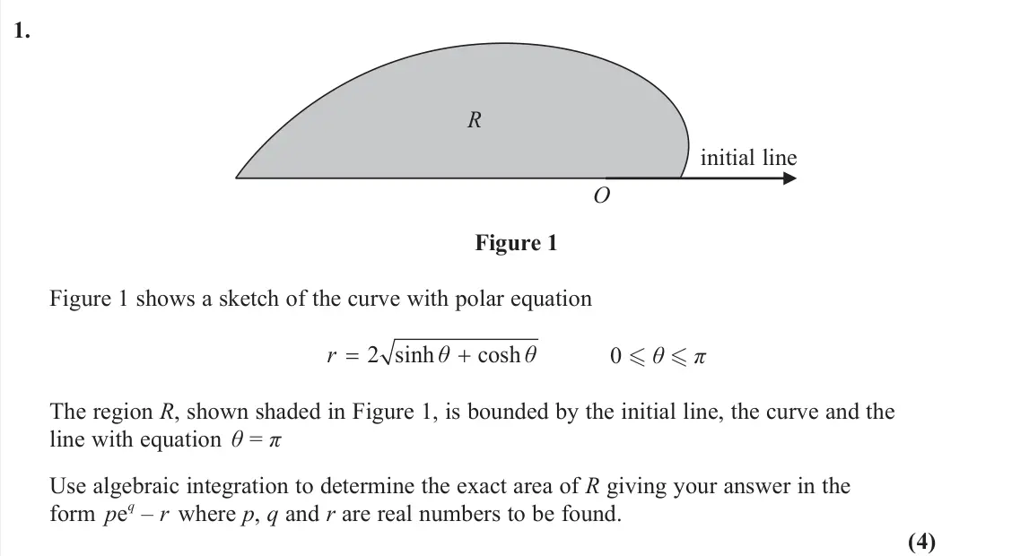 June 2023 Core Pure 2, question 1: initial line R O Figure 1 Figure 1 shows a sketch of the curve with polar equation 2 sinh cosh r θ θ 0  θ  π The region R, shown shaded in Figure 1, is bounde