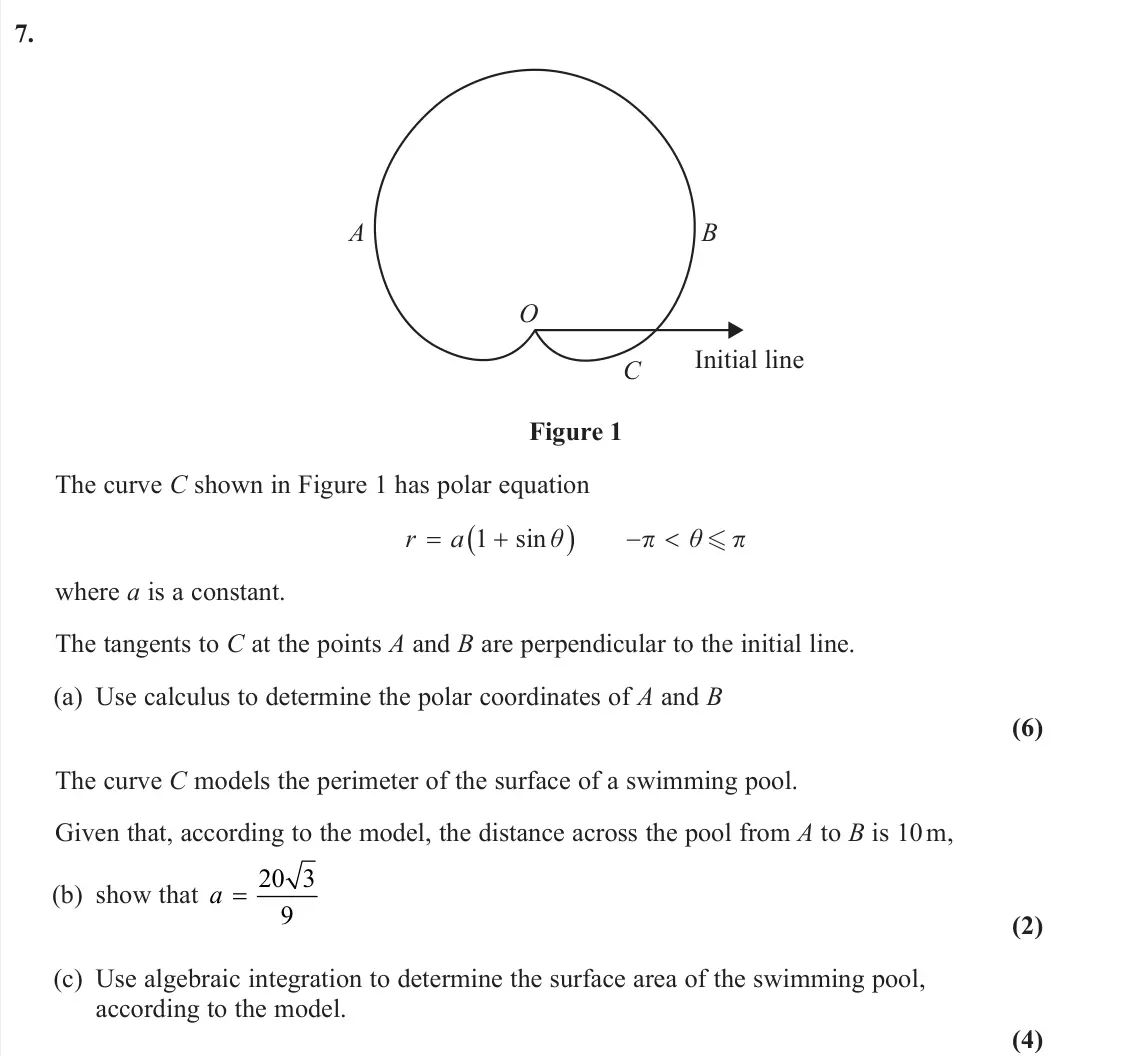 June 2025 Core Pure 2, question 7: A O C B Initial line Figure 1 The curve C shown in Figure 1 has polar equation r a 1 sinθ ϖ θ ϖ where a is a constant. The tangents to C at the points A and B a