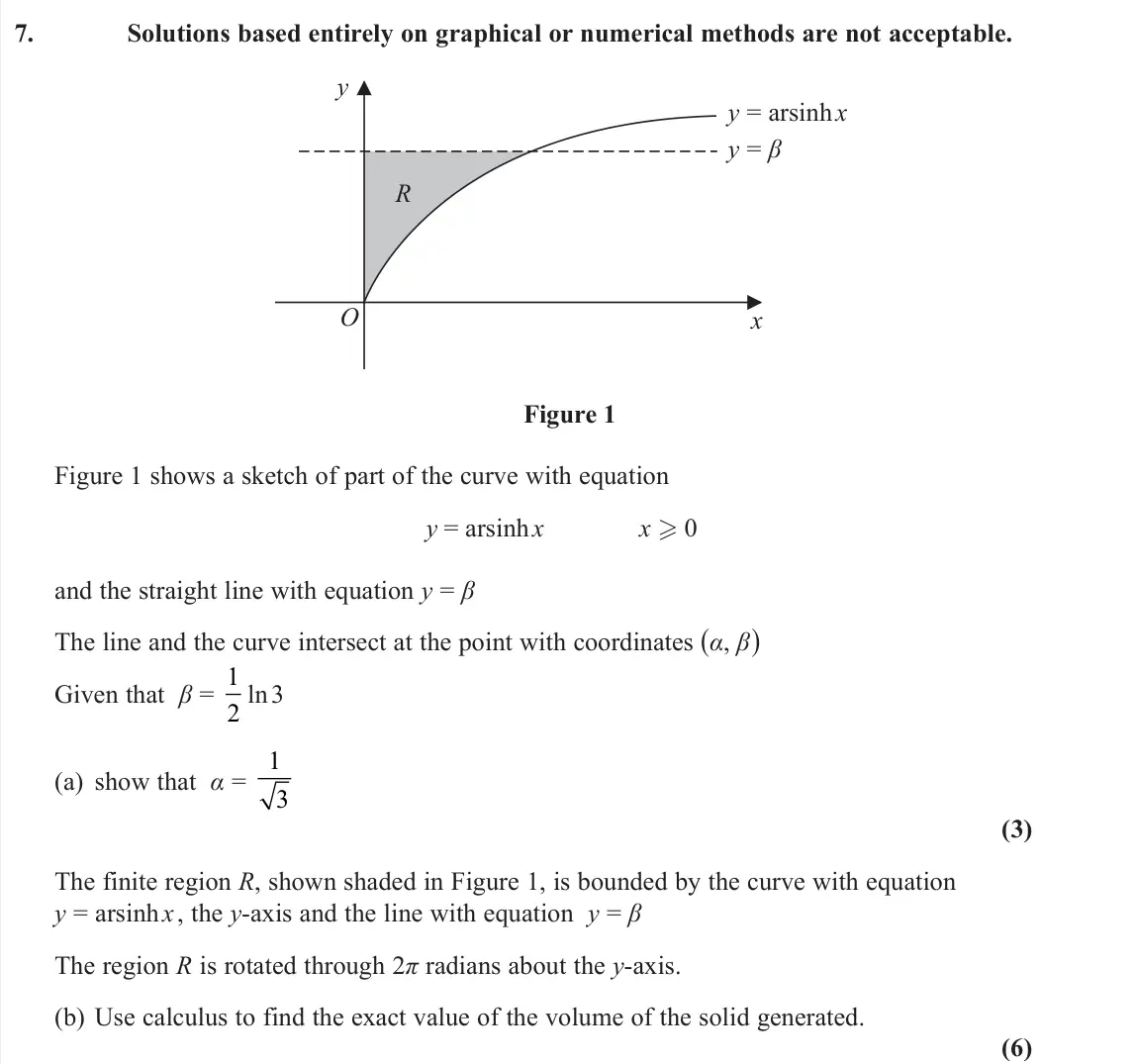 November 2021 Core Pure 2, question 7: Solutions based entirely on graphical or numerical methods are not acceptable. O y x R y = arsinh x y = β Figure 1 Figure 1 shows a sketch of part of the curve