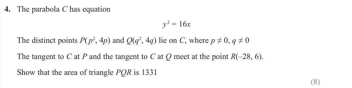 June 2019 Further Pure 1, question 4: The parabola C has equation y 2 = 16x The distinct points P( p2, 4p) and Q(q2, 4q) lie on C, where pq The tangent to C at P and the tangent to C at Q 