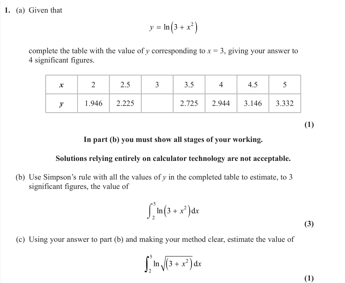 June 2024 Further Pure 1, question 1: (a) Given that y x ln 3 2 complete the table with the value of y corresponding to x = 3, giving your answer to 4 significant figures. x 2 2.5 3 3.5 4 4.5 5 y 1.