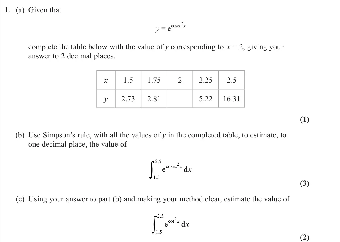 June 2025 Further Pure 1, question 1: (a) Given that y = e cosec2x complete the table below with the value of y corresponding to x = 2, giving your answer to 2 decimal places. x 1.5 1.75 2 2.25 2.5