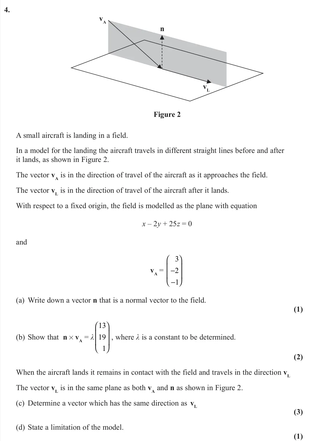 November 2021 Further Pure 1, question 4: n vA vL Figure 2 A small aircraft is landing in a field. In a model for the landing the aircraft travels in different straight lines before and after it lands, 