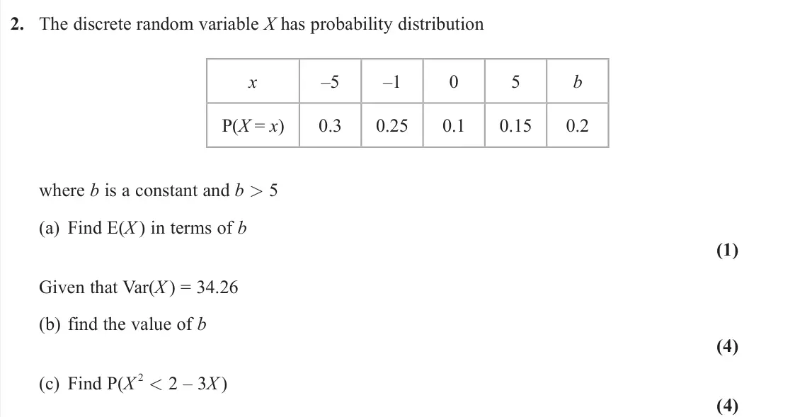 June 2022 Further Statistics 1, question 2: The discrete random variable X has probability distribution x –5 –1 0 5 b P(X = x) 0.3 0.25 0.1 0.15 0.2 where b is a constant and b > 5 (a) Find E(X ) in terms