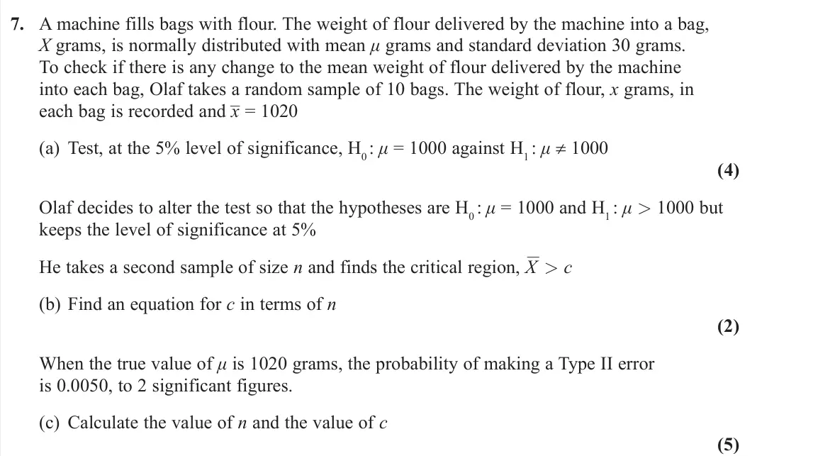 June 2022 Further Statistics 1, question 7: A machine fills bags with flour. The weight of flour delivered by the machine into a bag, X grams, is normally distributed with mean μ grams and standard deviat