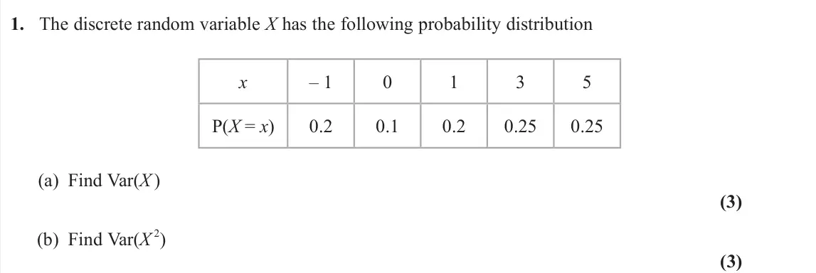 June 2024 Further Statistics 1, question 1: The discrete random variable X has the following probability distribution x – 1 0 1 3 5 P(X = x) 0.2 0.1 0.2 0.25 0.25 (a) Find Var(X ) (3) (b) Find Var(X 2) (3