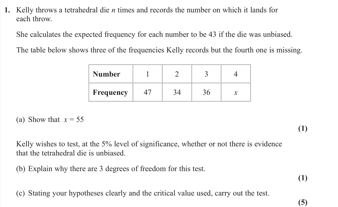 November 2021 Further Statistics 1, question 1: Kelly throws a tetrahedral die n times and records the number on which it lands for each throw. She calculates the expected frequency for each number to be 43 i