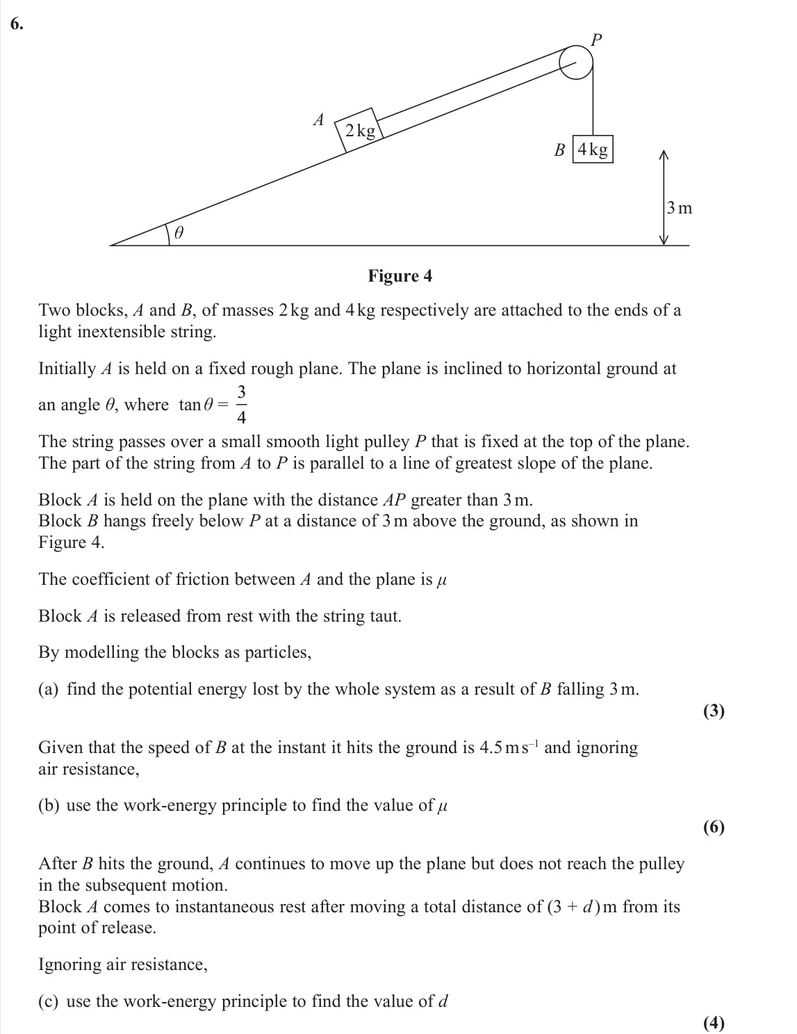 June 2022 Further Mechanics 1, question 6: θ 2 kg 4 kg A P B 3 m Figure 4 Two blocks, A and B, of masses 2 kg and 4 kg respectively are attached to the ends of a light inextensible string. Initially A is