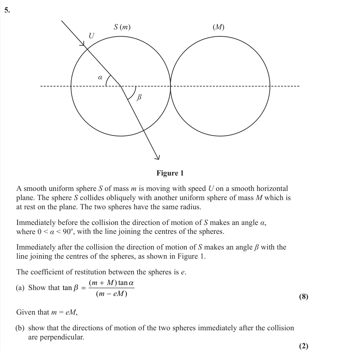 June 2023 Further Mechanics 1, question 5: U S (m) (M) α ß Figure 1 A smooth uniform sphere S of mass m is moving with speed U on a smooth horizontal plane. The sphere S collides obliquely with another u