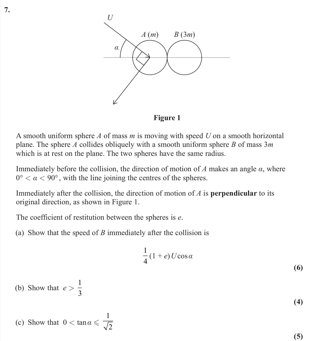 June 2024 Further Mechanics 1, question 7: U A (m) B (3m) α Figure 1 A smooth uniform sphere A of mass m is moving with speed U on a smooth horizontal plane. The sphere A collides obliquely with a smooth