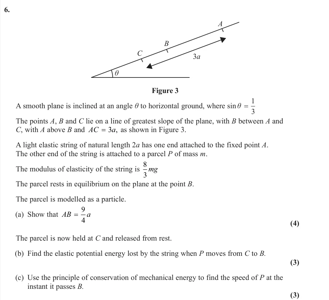June 2025 Further Mechanics 1, question 6: A B C θ 3a Figure 3 A smooth plane is inclined at an angle θ to horizontal ground, where sinθ 1 3 The points A, B and C lie on a line of greatest slope of the p