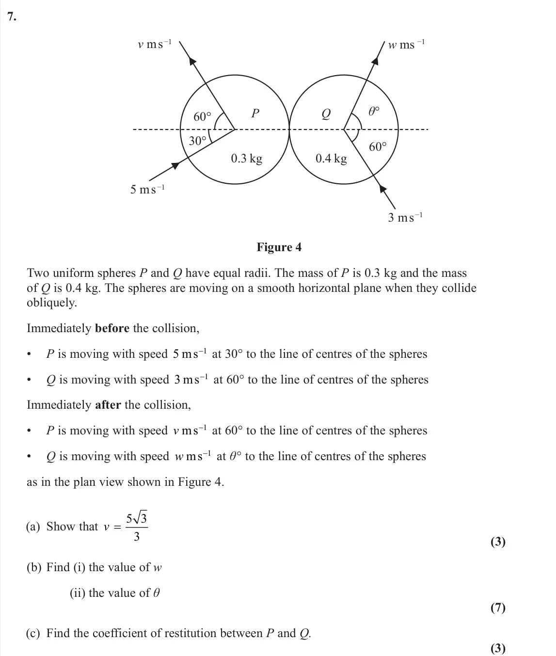 June 2025 Further Mechanics 1, question 7: 60° v ms −1 w ms −1 3 ms −1 5 ms −1 60° 0.4 kg 0.3 kg P Q 30° θ° Figure 4 Two uniform spheres P and Q have equal radii. The mass of P is 0.3 kg and the mass of