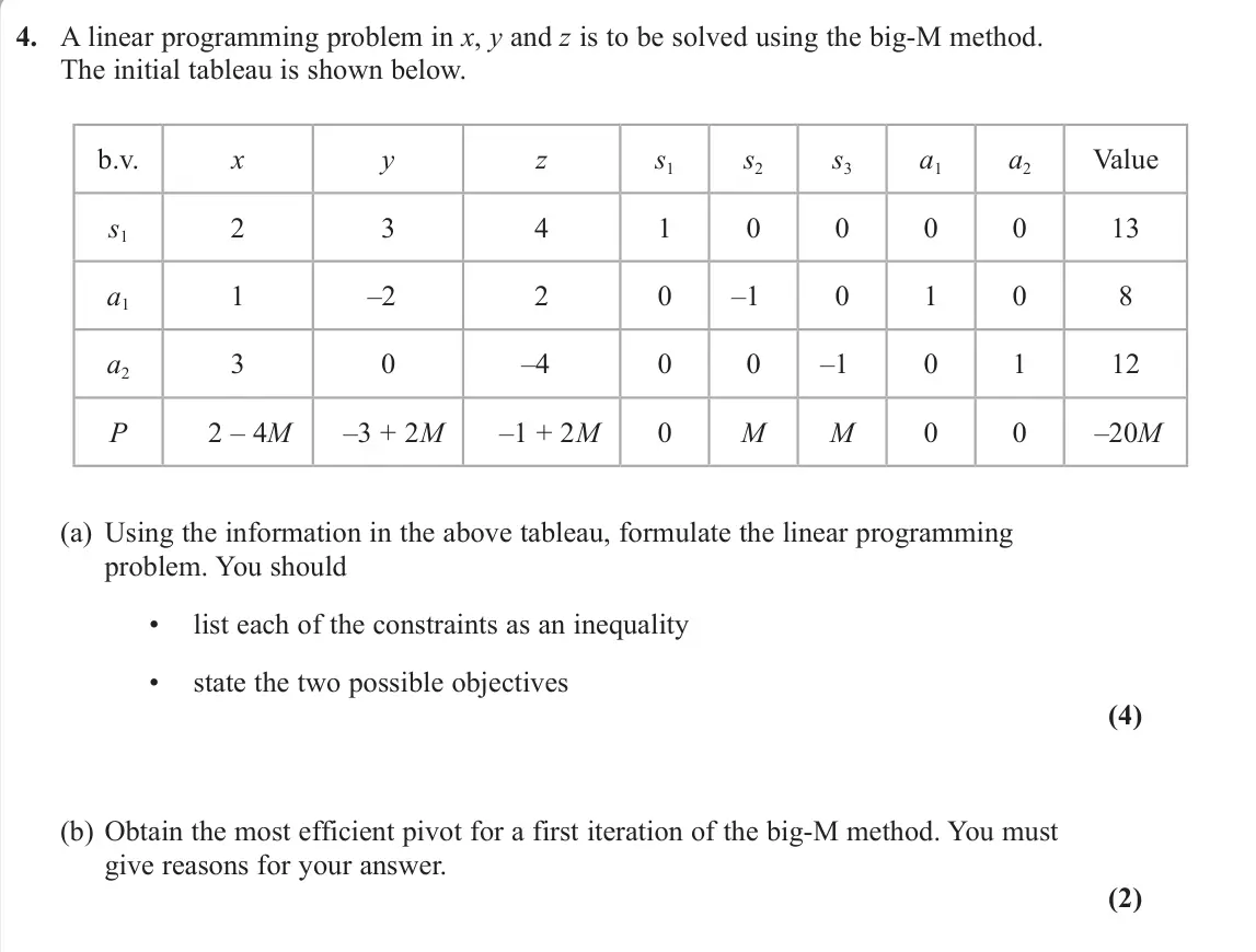 June 2022 Decision 1, question 4: A linear programming problem in x, y and z is to be solved using the big‑M method. The initial tableau is shown below. b.v. x y z s1 s2 s3 a1 a2 Value s1 2 3 4 